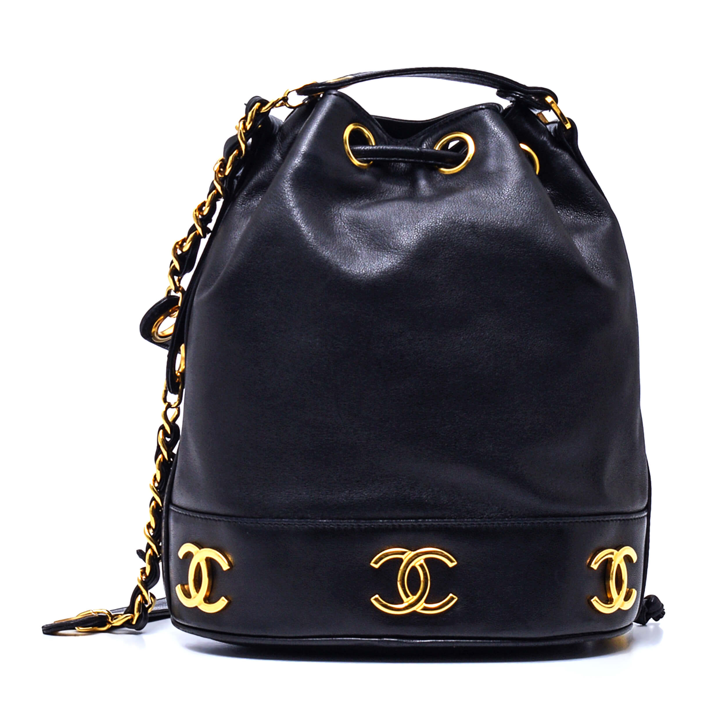 Chanel - Black Lambskin Leather Triple Vintage CC Bucket Bag